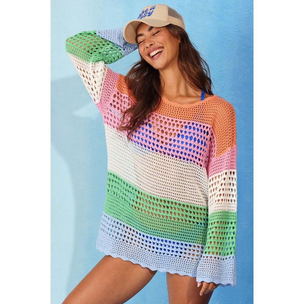 Altar'd State Crochet Open Knit Coverup Striped Women's Sz Small